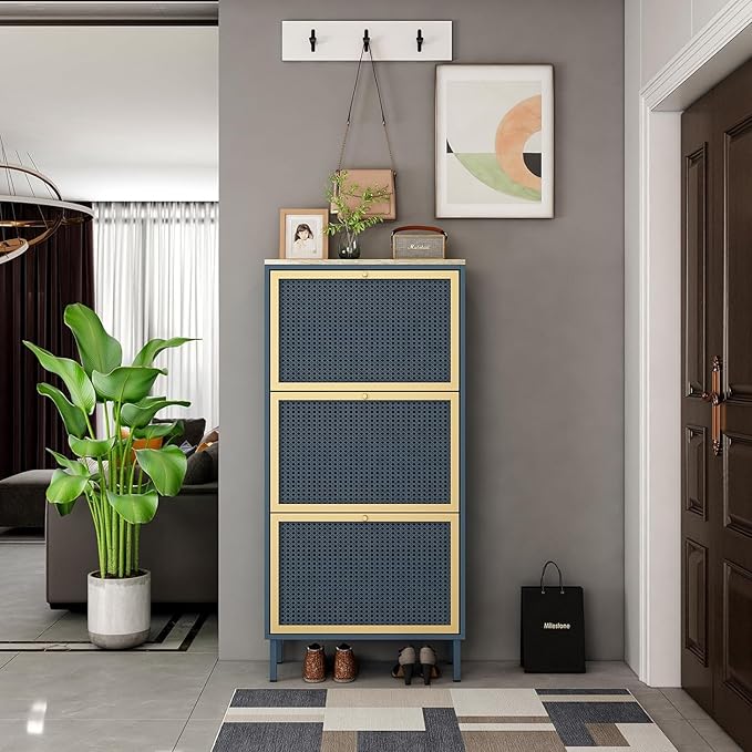 Shoe Storage Cabinet for Entryway - Shoe Cabinet Organizer with Metal Rattan 3 Flip Drawer,Wood Free Standing Rack, Hidden Slim Shoe Cabinet for Hallway, Living Room, Bathroom (Blue)