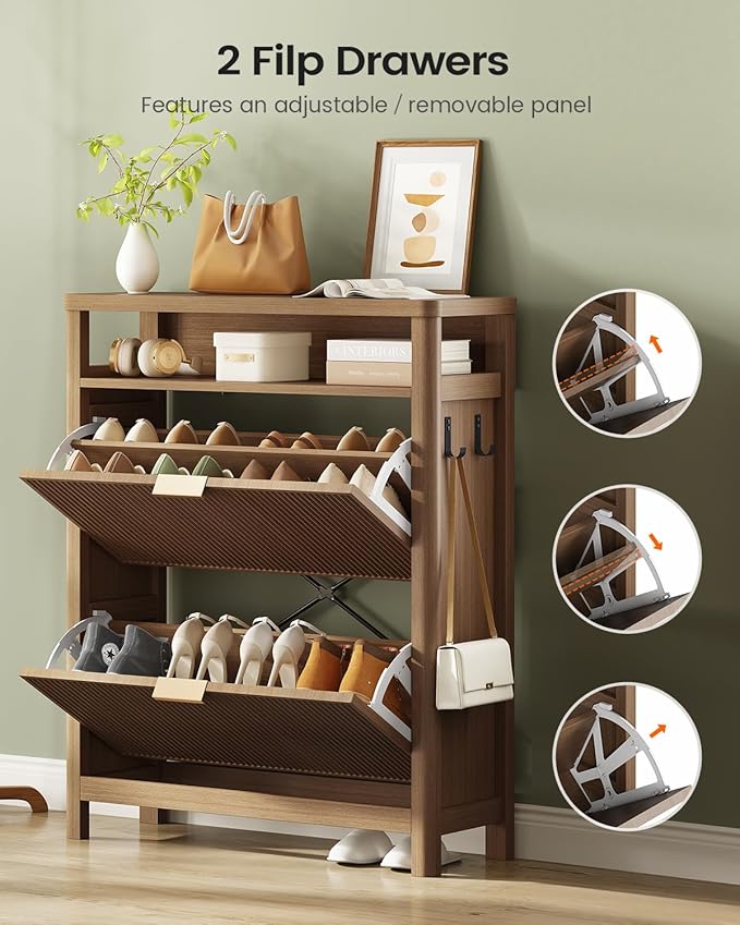 AOGLLATI Shoe Cabinet Storage,Narrow Fluted Shoe Rack Cabinet with 2 Flip Drawers, Wooden Freestanding Organizer with Open Storage Space for Entryway,Wood (Wood)