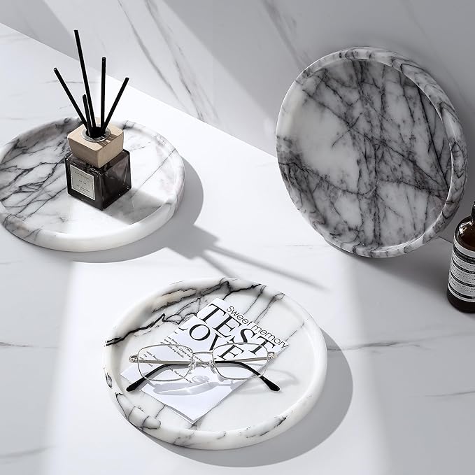 Lilac Marble Round Tray - 8 Inch Bathroom & Vanity Organizer for Jewelry, Perfume, Watches, Coasters | Makeup, Dining Table, Coffee Table Decorative Holder