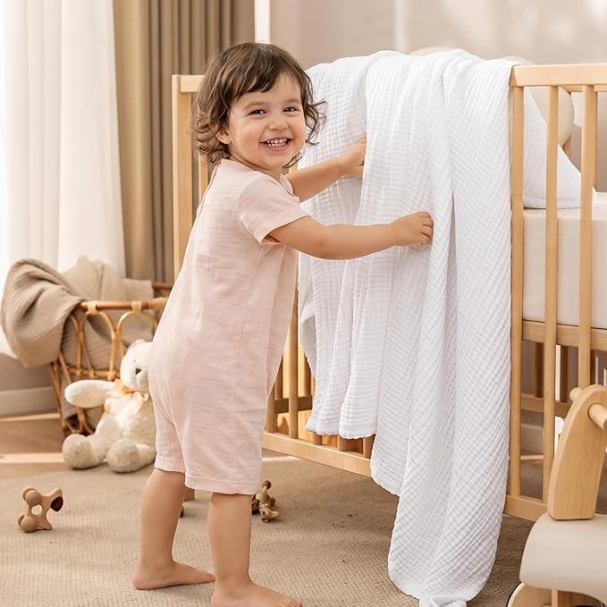 PHF 100% Cotton Muslin Throw XL Blanket Large 50" x 70", 4-Layer Lightweight Gauze Throw, Breathable Cloud-Soft Minimalist Blanket for Bed, Couch, Camping, White, Ideal Gift