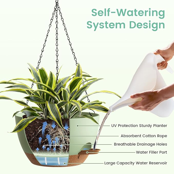 UOUZ 4 Pack 8 Inch Self Watering Hanging Planters for Indoor Outdoor Plants，Hanging Pots for Plants with Drainage Removable Tray, Hanging Baskets Flower Pots for Pothos Spider Garden Green with Brown