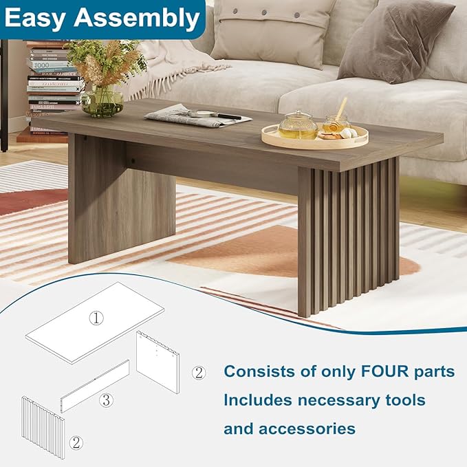 BON AUGURE Fluted Coffee Table, Wood Living Room Tables, Rectangle Coffee Tables for Living Room, Center Table for Home, Office (Greige Oak, 43Inch)