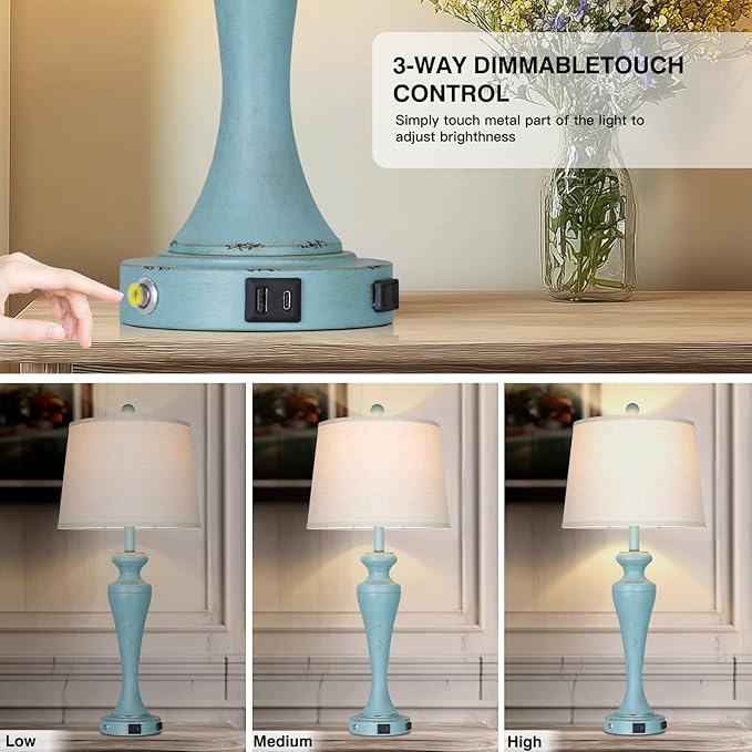 30" Blue Table Lamps Set of 2, Touch Control Coastal Living Room Lamp with USB A+C Ports and AC Outlet, 3-Way Bedside Lamps for Nightstand, Vintage Farmhouse Bedroom Lamp, 2 Bulbs Included