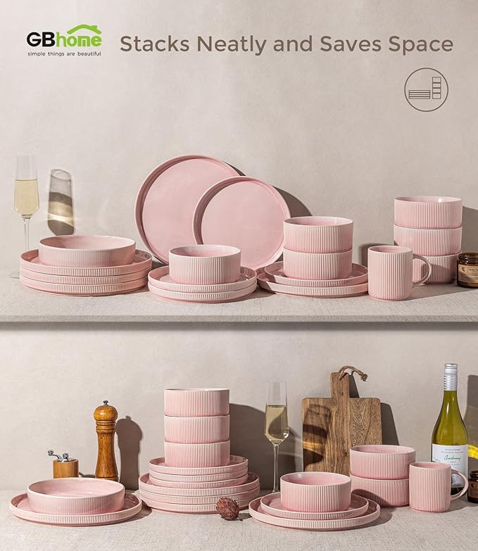 GBHOME 24-Piece Stoneware Dinnerware Set for 8 – Ribbed Ceramic Plates and Bowls, Scratch-Resistant, Microwave & Dishwasher Safe, Reactive Glaze, Blush Vei