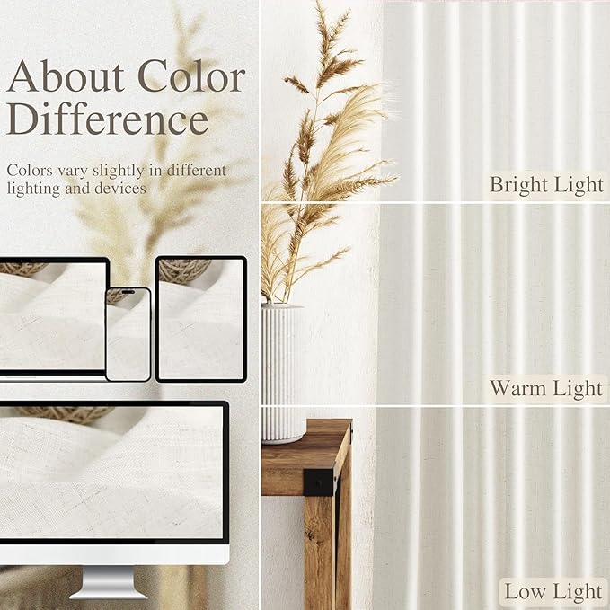 Nanspring Extra Wide Beige White Curtains for Living Room 90 Inches Long Semi Sheer Curtain for Coastal Room Decor Linen Farmhouse Drapes for Bedroom Back Tab and Rod Pocket 100x90, 2 Panels