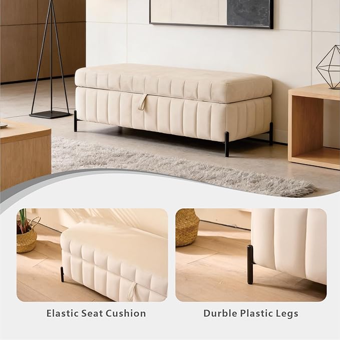 Chifee & Vingol 49.21" Storage Ottoman Bench Modern End of Bed Bench with Metal Legs Upholstered Velvet Entryway Benches with Storage for Bedroom Living Room Closet,Beige