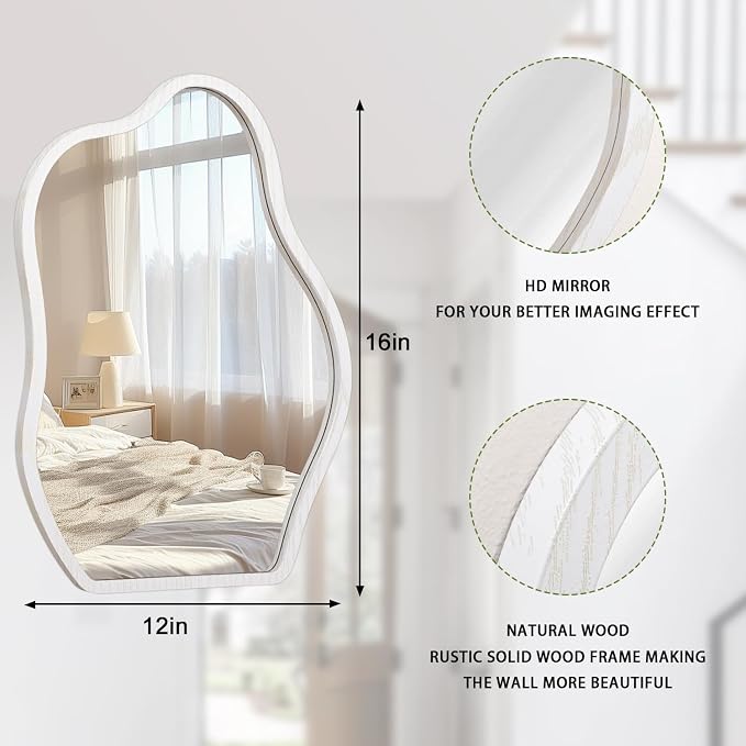 Irregular Cloud Mirror Modern Wood Frame Wall Mirrors Unique Shape Asymmetrical Wall Vanity Artistic Decor for Bedroom Bathroom Entryway Hallway Living Room Small White