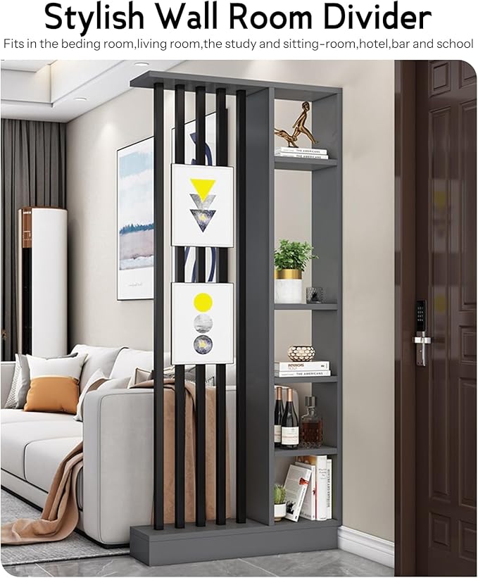 Wall Room Divider, Storage Cabinet Storage Display with Shelves, Modern Freestanding Wood Room Divider Screen, Wall Privacy Screens for Home Decorative (Grey,31.5" L x 9.5" W x 79.5" H)
