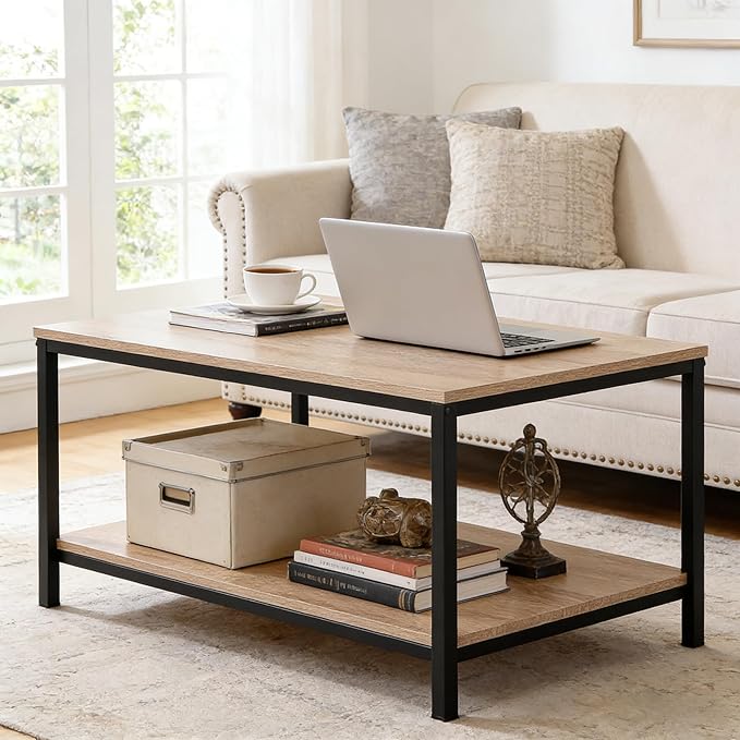 SUPER DEAL 2-Tier Industrial Coffee Table with Storage Shelf for Small Apartment Living Room, Rectangle Wood and Stable Metal TV Stand Side End Table, Natural Oak