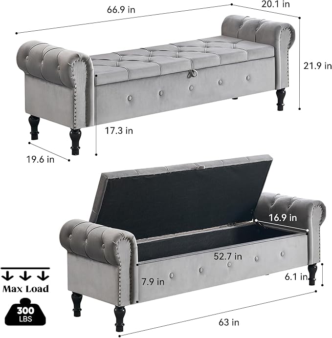Storage Bench for Bedroom, Velvet 67" End of Bed Bench, King Size Benches with Rolled Arms, Tufted Button Storage Ottoman Bench, Upholstered Bench for Bedroom, Living Room, Entryway, Grey