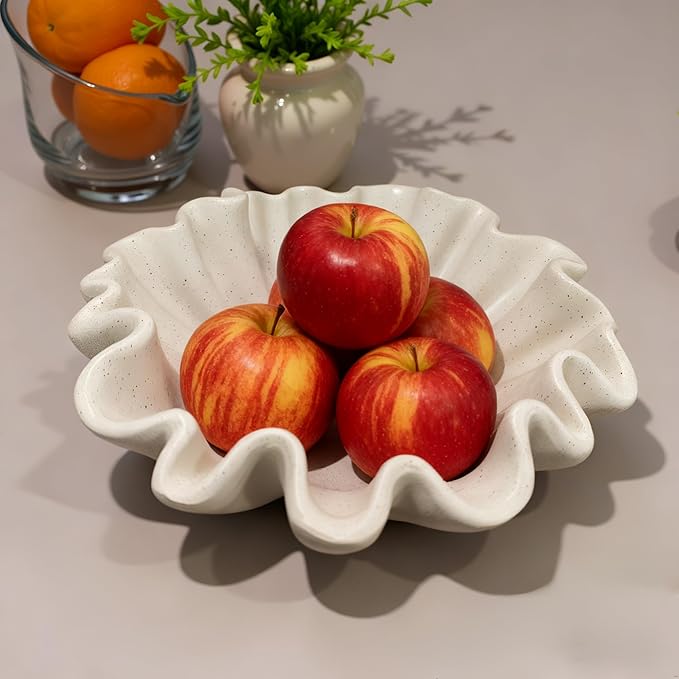 10" Large Handmade Decorative Bowl decor, Handicraft Scalloped Bowls for Modern Home Decor,Ruffle Decor,Key Bowl for Entry Table,Decorative Fruit Bowl for Kitchen Counter,Light Gray