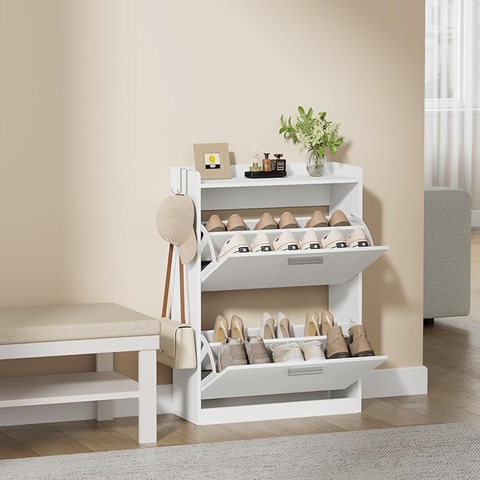 Shoe Cabinet Organizer with 2 Flip Drawers & 2-Tier Adjustable Shelves, Freestanding Shoe Rack Cabinet, Narrow Shoe Storage for Entryway, Foyer, Hallway, White, 23.6" W × 9.4" D × 33.1" H