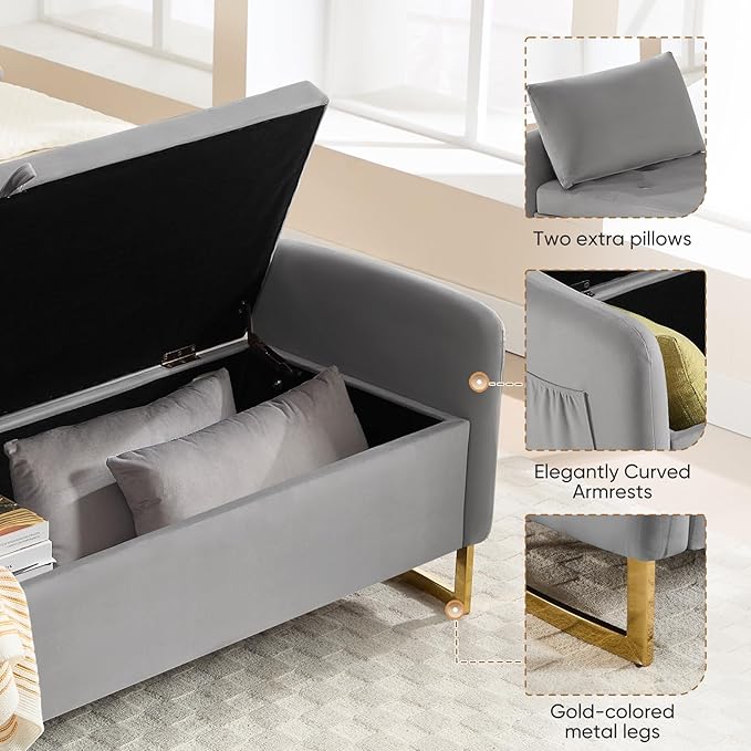 65" Storage Bench for Bedroom, End of Bed Storage Bench King Size with Tufted Button Upholstered and Gold Legs, Ottoman Bedroom Benches with Armrests for Living Room Window, Light Grey