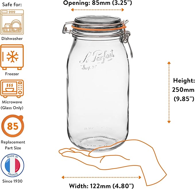 Le Parfait Super Jar 2L (64oz) French Glass Preserving Jar w/Airtight Rubber Seal & Wire Bail Closure - BPA-Free Canning Jar for Pickles, Fruits, Sauces & Food Storage - Made in France Since 1930 1PK