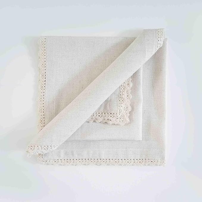 FINGERCRAFT Dinner Cloth Napkin Cotton Linen 4 Pack Vintage Rustic Premium Quality Mitered Corners Napkin Cloth with Elegant Lace for Everyday Use, Pre Shrunk and Good Absorbency 20x20 in Ivory