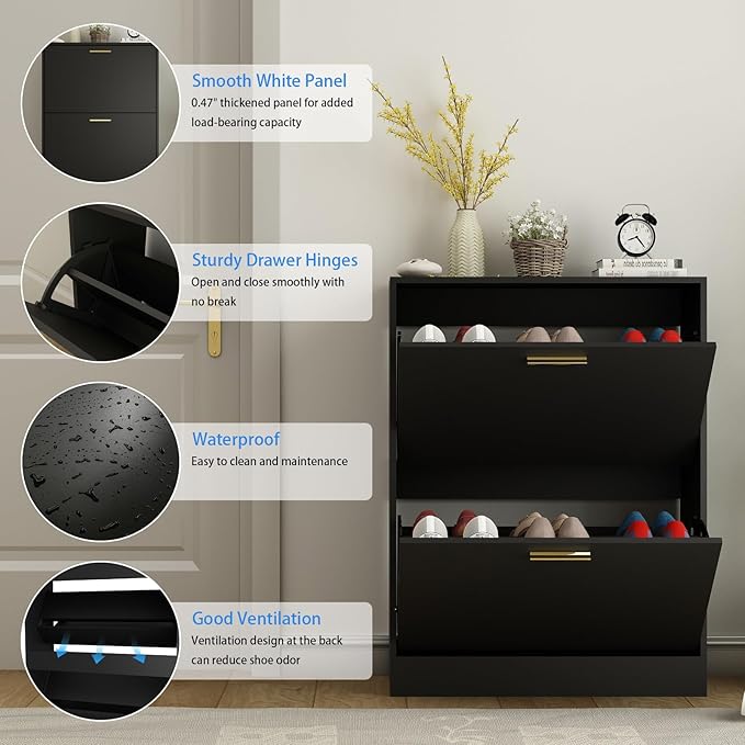 Shoe Cabinet Storage for Entryway, White Shoe Organizer with 2 Flip Drawers & Open Shelf, Freestanding Hidden Large Shoe Storage Cabinet (2pc-Black, 2 Flip Drawers)