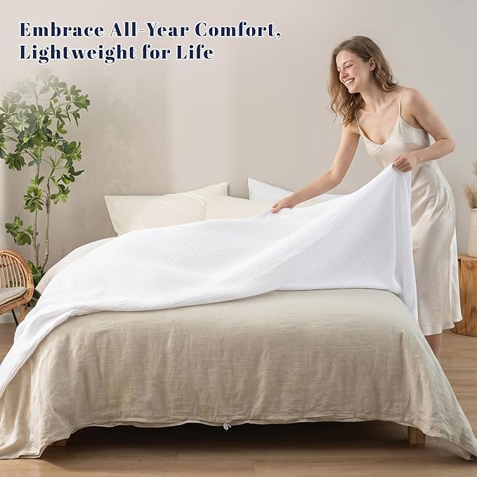 PHF 100% Cotton Muslin Blanket King Size 108"x90", 4-Layer Lightweight Gauze Throw, Breathable Cloud-Soft Minimalist Blanket for Bed, Couch, Camping, White, Ideal Gift