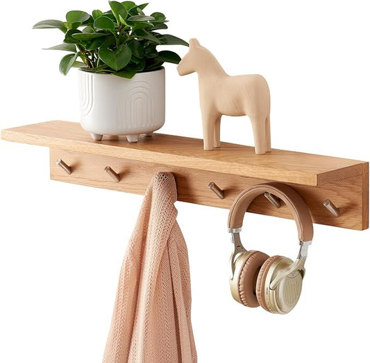 Coat Rack Shelf Wall Mounted Oak Wood Entryway Shelf with 6 Hooks Wall Coat Hook Rack with Floating Shelf for Bedroom, Living Room, Kitchen (Natural, 27.5 inch)