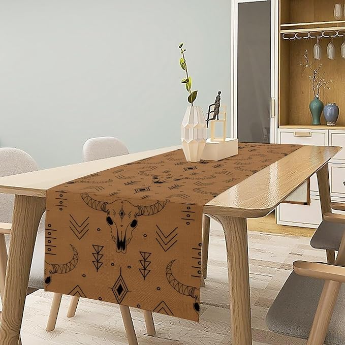 Rustic Western Table Runner, Vintage Bull Skull Boho Tribal Geometric Print Table Runner for Kitchen Dining Party Home Decor, 13x108 Inch