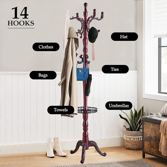 Wood Coat Rack Freestanding, Natural Coats Tree Stand with 14 Hooks, 73" Sturdy and Easy Assembly Coat Rack Stand for Entryway, Hallway, Bedroom, Bags, Hats (Mahogany-With storage tray)