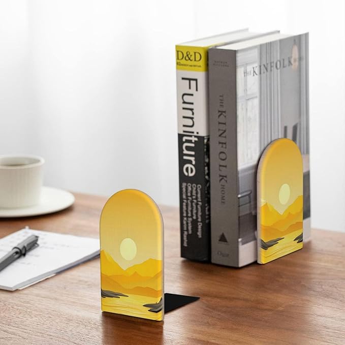 Yellow Sunrise Wood Book Ends for Shelves, Non-Skid Bookends for Office, Library, and Home Decor, 1 Pair