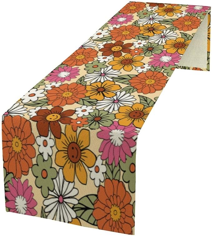 Vintage Floral Table Runner Boho 70s Style Retro Daisies Flower Hippie Groovy Funny Pattern Dinner Runner for Home Kitchen Dining Table Party Holiday Decor 13"x36"