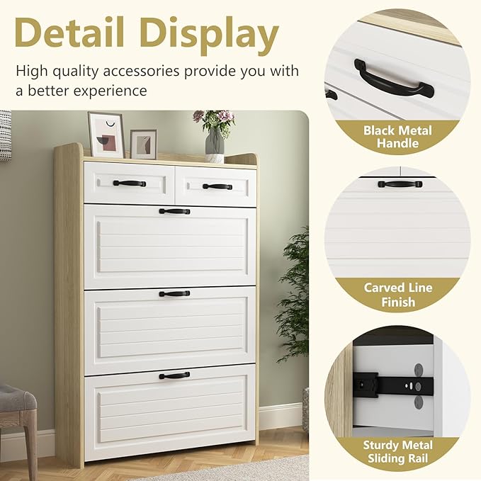 Large Shoe Cabinet for Entryway, Slim Hidden Shoe Storage Cabinet with 3 Flip Drawers and 2 Top Drawers,Shoe Rack Organizer Cabinet for Hallway, Brown and White