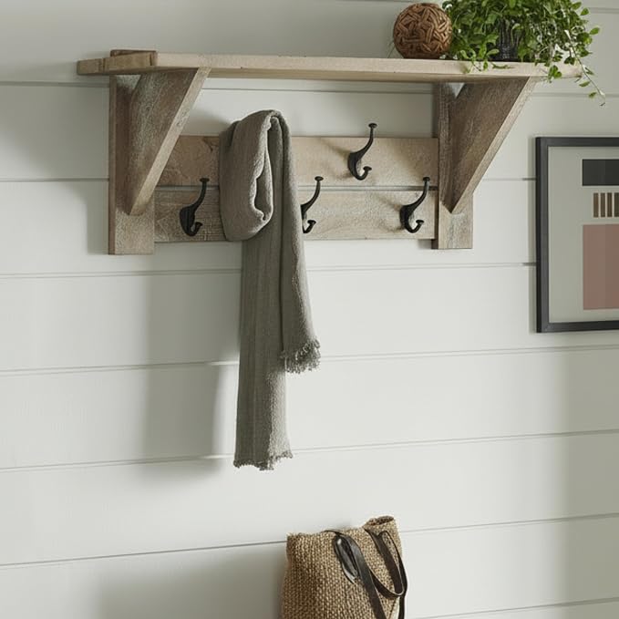 Alaterre Furniture Bethel Wall-Mounted Coat Rack with Shelf – Modern Farmhouse 40-Inch Solid Wood Entryway Organizer with 5 Black Metal Double Hooks & Upper Storage Shelf (Driftwood Finish)