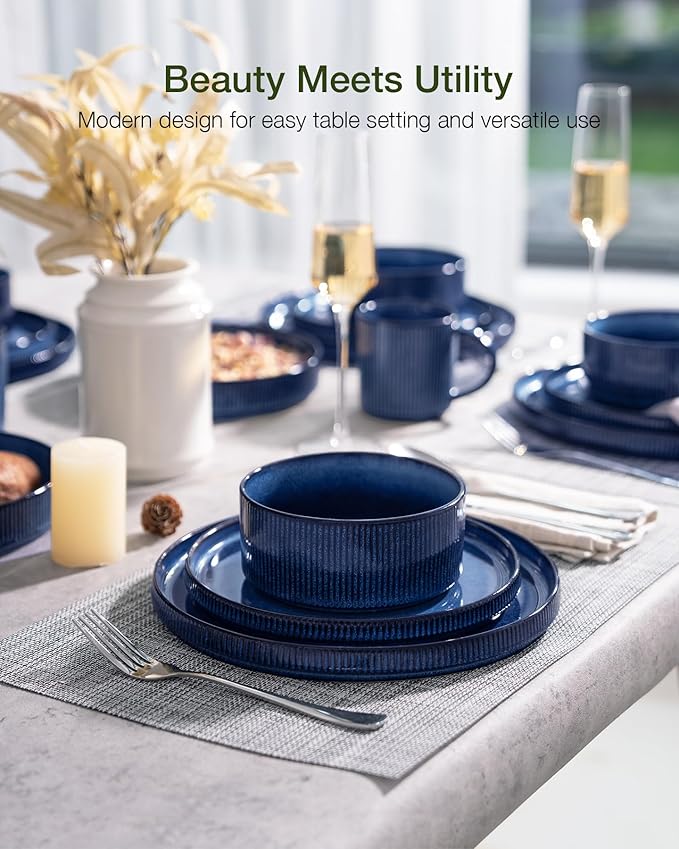 Famiware Star 18-Piece Reactive Glaze Plates and Bowls Sets, Service for 6 - Stoneware Dinnerware with Trim, Modern Rustic Dishes, Chip & Scratch Resistant, Microwave & Dishwasher Safe, Nebulas Blue