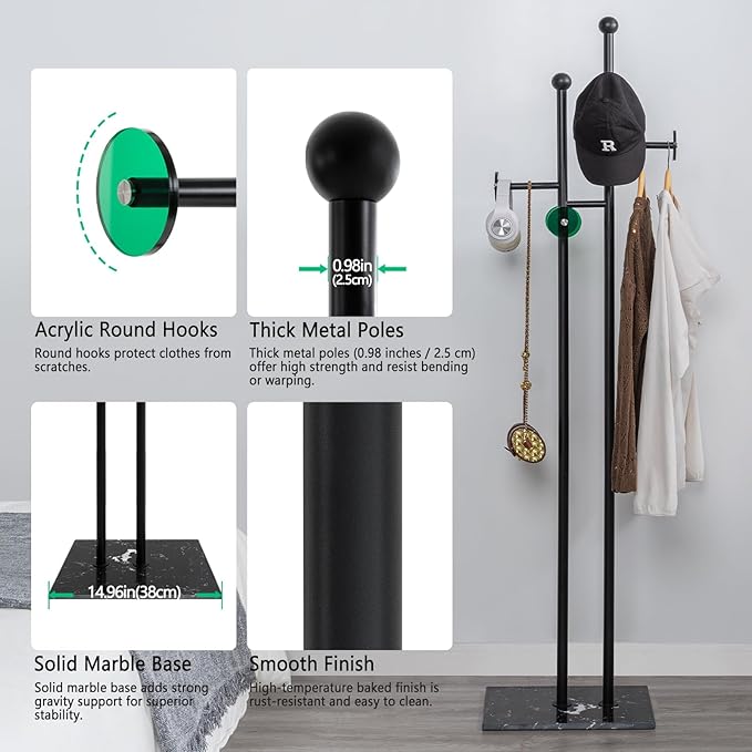 JIAYUEJU Free Standing Coat Rack with Marble Base & 8 Hooks Heavy Duty Clothes Rack for Entryway Bedroom Living Room Hotel 14.96 x 10.24 x 68.9 Inches (Black)