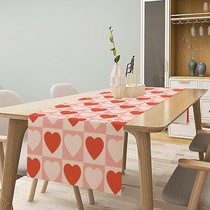 Retro Checkered Table Runner 60s 70s Vintage Colorful Groovy Hippie Heart Grid Farmhouse Country Valentines Dinner Runner for Home Kitchen Dining Table Party Holiday Decor 13"x70"