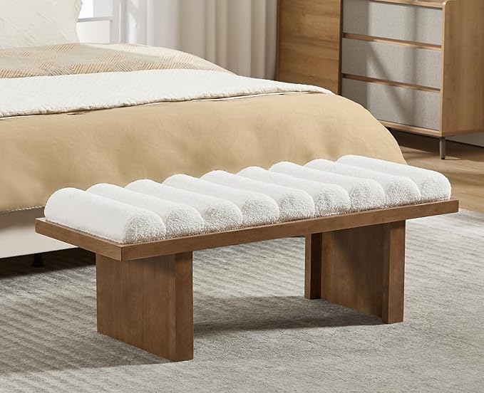 Shunzhi Modern Sherpa Entryway Bench 47 Inch Upholstered Fabric End of Bed Bench Wooden Bedroom Bench with Cylindrical Cushion Window Bench for Living Room/Hallway,White