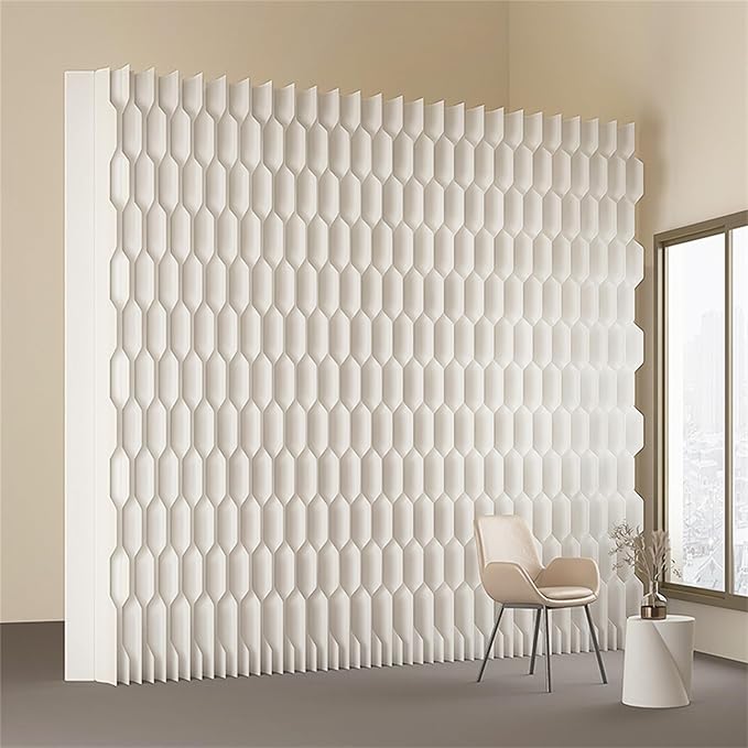 Double Sided Room Divider, Folding Privacy Screen with 2 Different Patterns, Retractable Decorative Paper Partition Wall for Salon Home Studio Office Rest Area
