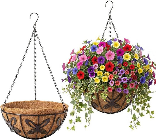 2 Pack Hanging Baskets for Plants Outdoor 12 Inch Butterfly Metal Hanging Planters with Coco Coir Liner, Round Hanging Flower Basket for Home Garden Patio Balcony Porch