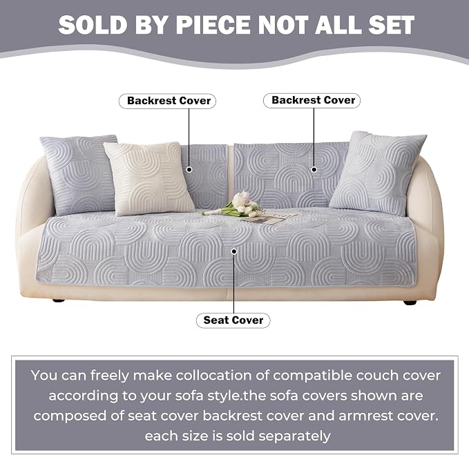 Soft Plush Geometric Quilted Couch Sofa Cover Boho Non Slip Fuzzy Sectional Couch Cover Solid Color Washable Sofa Slipcover Furniture Protector for Kids Dogs Cats (Gray,43"x70")