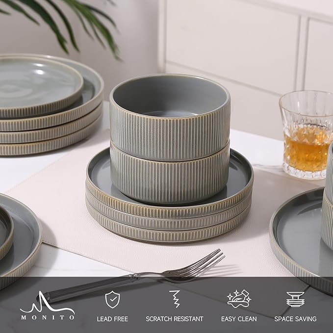 MONITO Ceramic Dinnerware Sets for 6, 18PCS Stoneware Plates and Bowls Sets, Reactive Glaze Dish Set, Chip and Scratch Resistant Double, Microwave and Dishwasher Safe, Sage Mist