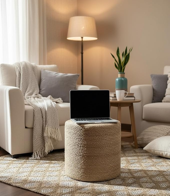 Jute Pouf Ottoman | Footrest Pouf | Hand Braided - Round Boho Pouffe - for Living Room, Bedroom, Nursery (16"x16"x16") Brown