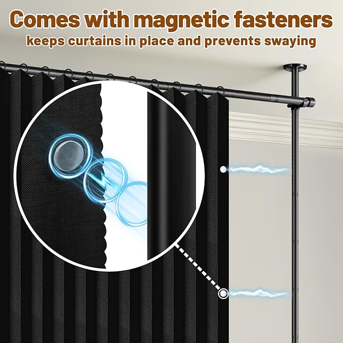 AJAZZ Room Divider Curtain (2 Panels, Black, W100 x L84 in)+ Tension Curtain Rod No Drilling (H) 43-120×(W) 35-200 in, for Privacy/Soundproof Curtains, Heavy Duty Wall Separator