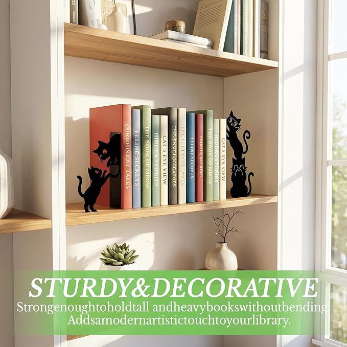 Sanwarm Metal Bookends Cat Black Funny Book Ends Decorative Bookend for Home Office Library Desk Book Shelves Decor, Gift for Reading Enthusiasts Non-Skid Book Stoppers Holder (1 Pair)