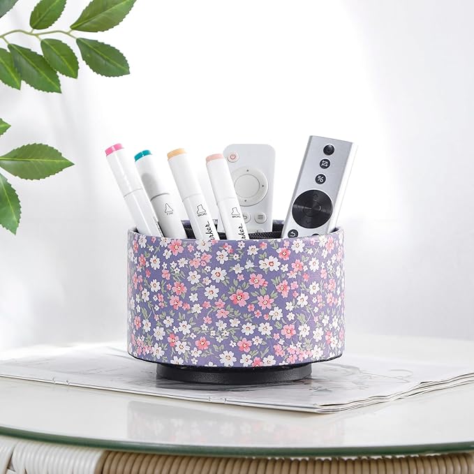 360 Degree Rotating Remote Holder for Table, Spinning Desk Organizer, Desk Caddy Pen Cup for Nightstand, Coffee Table, Office, 4 Compartment Stationary Remote Basket, Small Flowers PH129