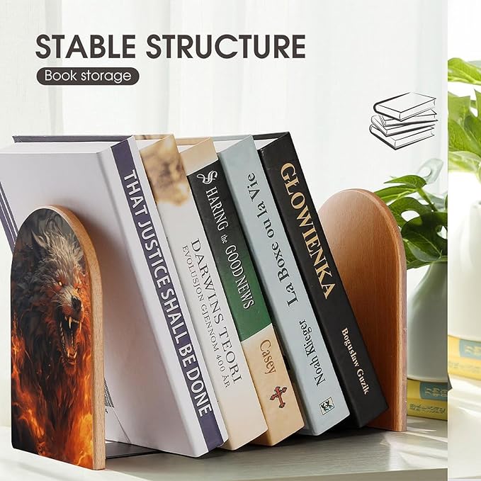Wild Wolf in The Fire Book Ends Wooden Bookends Non-Skid Metal Base Heavy Duty Book Shelves Decor, Decorative Bookends for Books/CDs Bookshelf Table Home Decor