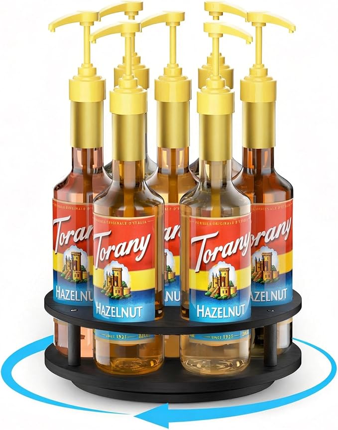THYGIFTREE Rotating Coffee Syrup Organizer 7 Bottles Syrup Rack for Countertop Wood Syrup Bottle Holder Stand for Coffee Bar Station, Turntable Wine Display Tray, Black