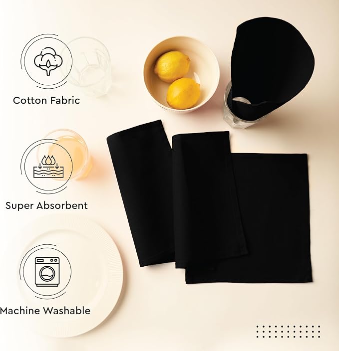 Encasa XO Cocktail Cloth Napkins Set of 12 | Pure Cotton Table Napkin | Size (9"x9") | Jet Black Solid | Machine Washable