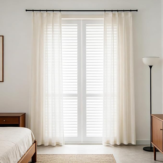 102 Inch Long Curtains Sheer Linen Faux, Natural Light Filtering 2 Panels, Neutral Cream Beige Farmhouse Curtains & Drapes for Living Room, Pinch Pleat Sliding Glass Door Ceiling Curtain