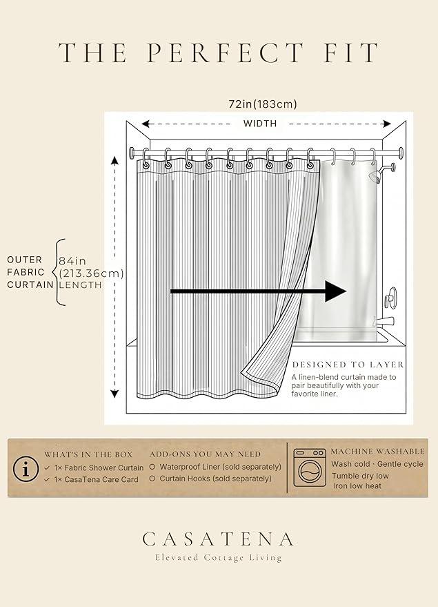 Farmhouse Striped Shower Curtain - 72x84 Inches, Linen Blend Fabric, Breathable & Machine Washable, Rustic Rust for Bathroom Decor (Hooks/Liner Not Included)