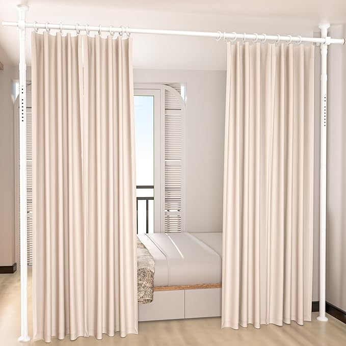 Room Divider, Tension Curtain Rod No Drilling,4-10ft(H) 28-70inch(W) Wall Divider for Room Separation, Heavy Duty Room Partition Separator, Adjustable Folding Privacy Screens,White