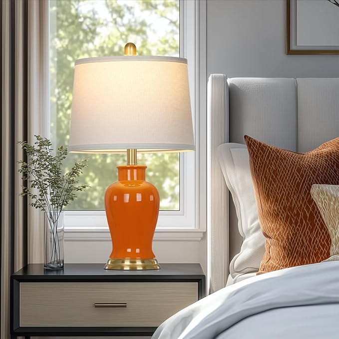 Ruzectt Orange Ceramic Lamps Set of 2, 23" Modern Table Lamps for Living Room, Stylish Bedroom Ginger Jar Lamps, Elegant Bedside Lamp for Night Stand Desk Side End Table Home Decor(Bulbs Included)