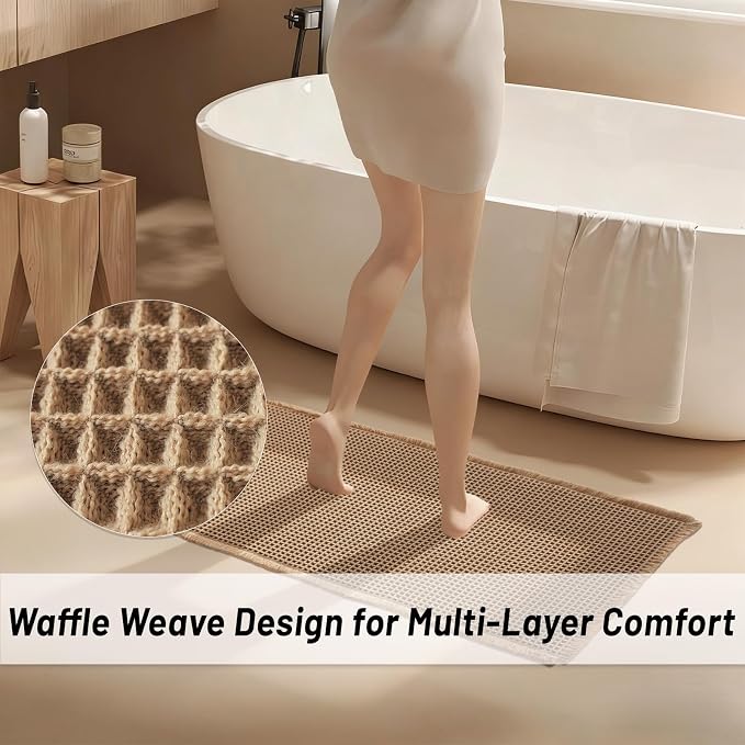 Waffle Bath Mat Set of 2, Non Slip Waffle Rugs for Bathroom, Super Absorbent & Quick Dry Soft Shower Mat for Bathroom & Kitchen Floor, Machine Washable Bath Rugs (Brown)