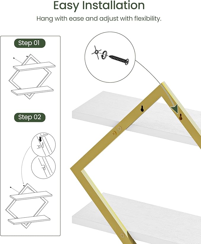 CHOEZON Floating Shelves for Wall, Set of 2 Wall Mounted Shelves, 2-Tier Hanging Shelves, for Living Room, Bedroom, Kitchen, Office, Study, Gold and White TBJ01P2JW