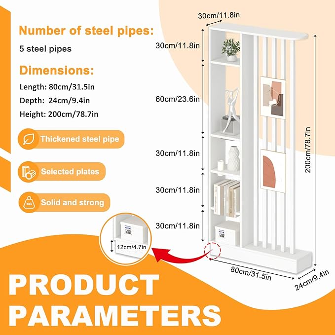 Wall Room Divider, Freestanding Wood Room Divider Shelf with Shelves, Divider Screen Separator Screen with Storage, Wall Divider for Room Separation, for Home Office Decorative(White,31.4IN)
